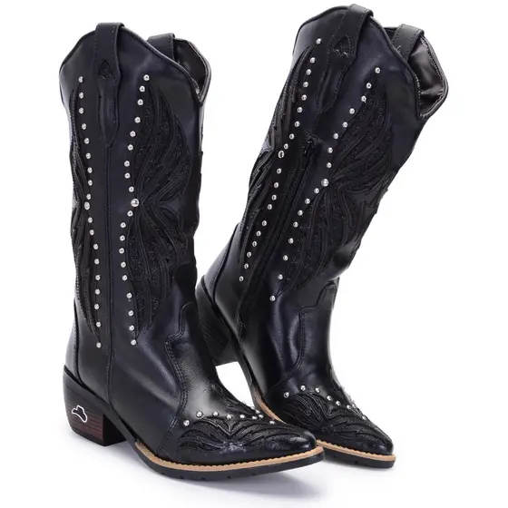 Bota Country Texana Feminina Preta Couro Tachas Bordado Cano Alto Sertaneja