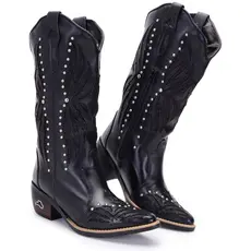 Bota Country Texana Feminina Preta Couro Tachas Bordado Cano Alto Sertaneja