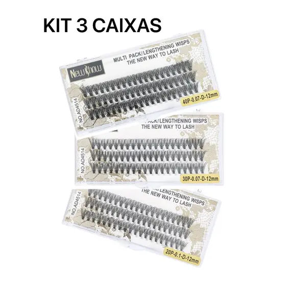 New Show KIT 3 Caixas Cílios Tufos Sem Nó-12P/30P/40P-0.10-D Extensão de Cilios Alongamento/PACOTE
