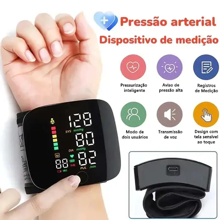 Monitor de Pressão Arterial de Pulso Recarregável Medidor Digital com Tela Grande
