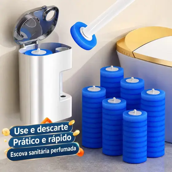 Kit Escova de Vaso com Refil Suporte de Parede Incluso Descartável, Sem Contato e Sem Sujeira para Limpeza do Banheiro