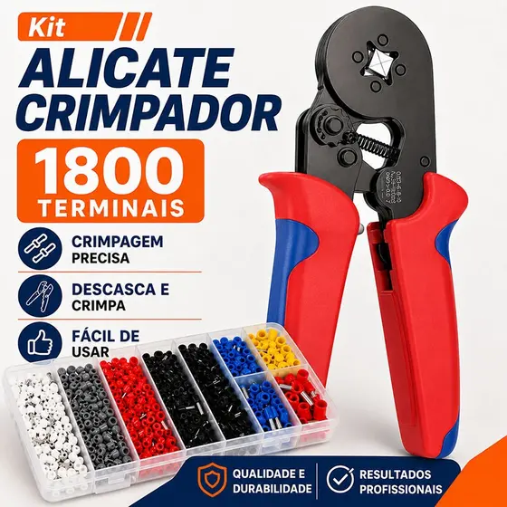 Kit Crimpador Profissional 1800 Terminais Ilhós Tubular 0,5-10mm² Alicate Multifuncional com Descascador e Corte