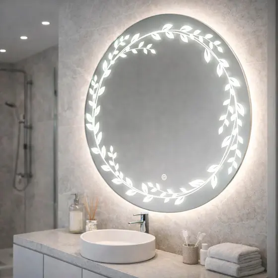 Espelho Redondo Jateado com LED Touch 60cm Bivolt Moderno para Banheiro e Quarto