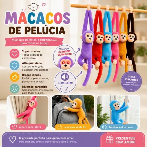 Macaco de Pelúcia Com Som E Luz