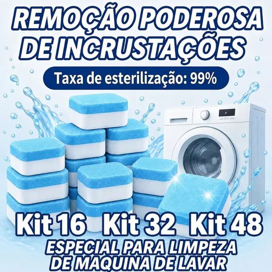 Kit 48/32/16 Pastilhas Limpa Máquina de Lavar Roupa Efervescentes Remove Resíduos e Sujeira