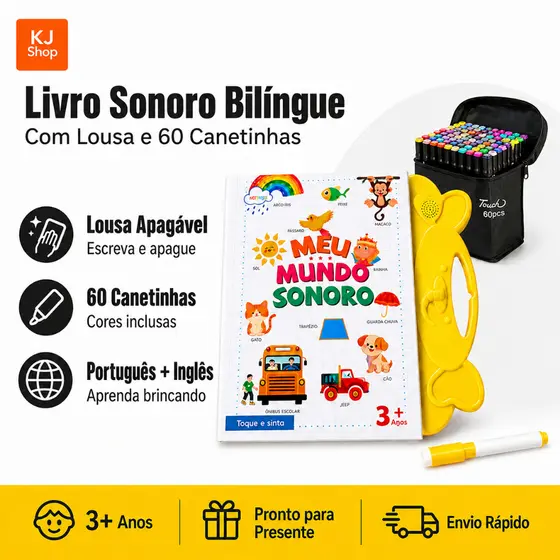 Livro Sonoro Infantil Bilíngue Português Inglês Interativo 2 em 1 com Lousa Apagável e 60 Canetinhas 3+ Anos