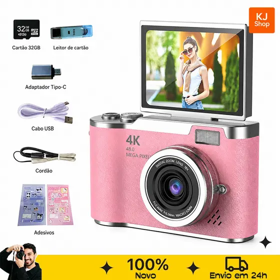 Camera Digital 4K 48MP CCD Zoom Digital 8x Tela Flip 180° Selfie Para Estudantes