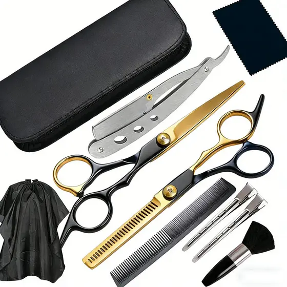 Kit Barbeiro Profissional Tesoura Fio Navalha e Desfiadeira + Navalhete e Capa 11 Pçs