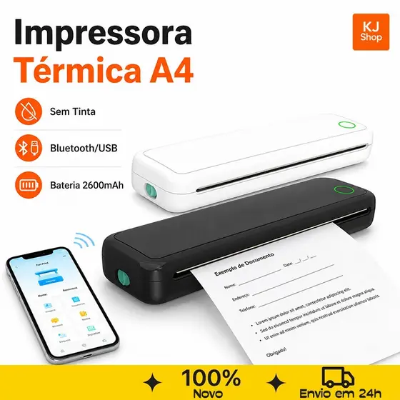 Impressora Portátil A4 Térmica Bluetooth Sem Tinta Recarregável USB Bateria 2600mAh para Celular