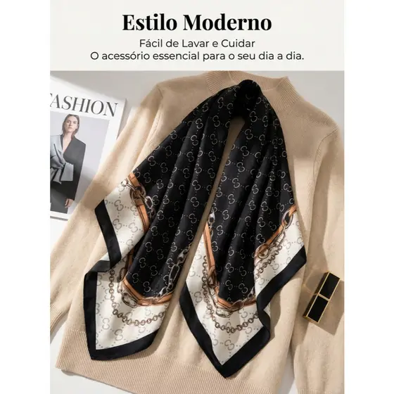 Lenço Feminino de Seda Pura 90x90cm Luxo Elegante Versátil Moda Feminina Chic Várias Formas de Uso