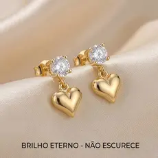 Brinco Feminino Coração com Zircônia 18K • Não Escurece • Luxo Delicado