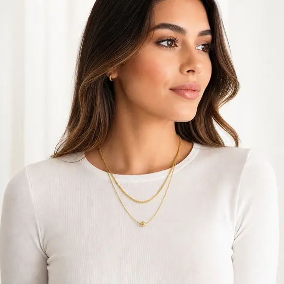 Colar Duplo Feminino Dourado com Bolinha, Sem Níquel, Banhado a Ouro 18K para Presente