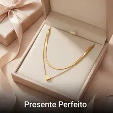 Colar Duplo Trevo Dourado 18K Aço Inoxidável Corrente Dupla Não Embola Não Escurece