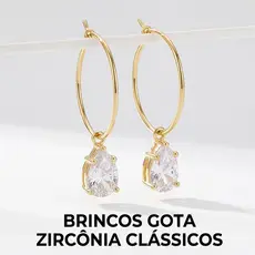 Brinco Argola Feminino com Pingente Gota Zircônia – Elegante, Leve, Não Escurece, Banho de Ouro