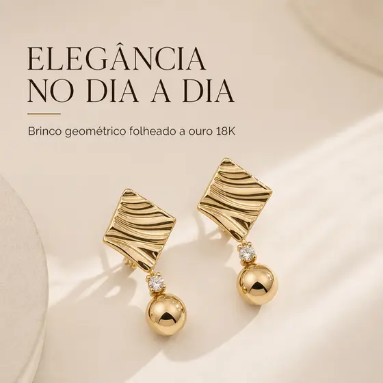 Brinco Feminino Elegante Folheado a Ouro 18K Geométrico com Bola para Festa e Presente