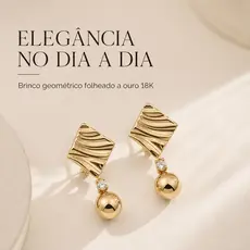 Brinco Feminino Elegante Folheado a Ouro 18K Geométrico com Bola para Festa e Presente
