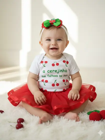 Body Bebê menina mesversárioTemático cereja frutinhas CEREJINHA QUE FALTAVA NO BOLO