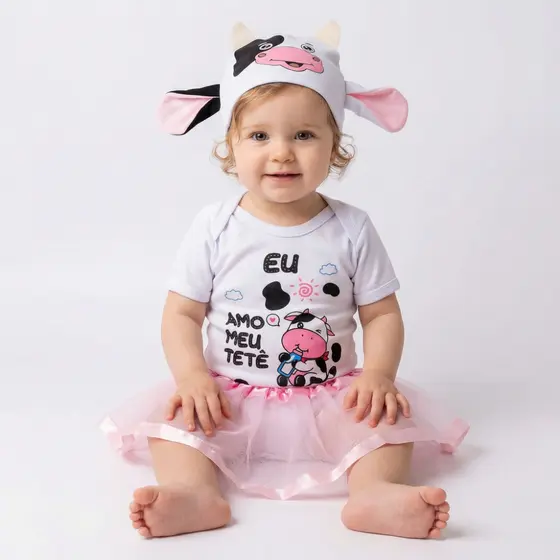 Macacão Bebê Menina Eu Amo Meu Tetê Vaquinha Mêsversário Body Laço e Saia