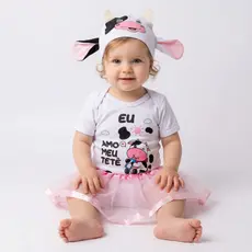 Macacão Bebê Menina Eu Amo Meu Tetê Vaquinha Mêsversário Body Laço e Saia
