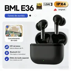 BML Fone sem fio bluetooth E36 Baixa Latência, Hi-Fi 9D, cancelamento de ruído ANC e IPX5-FoneBateria de 7h
