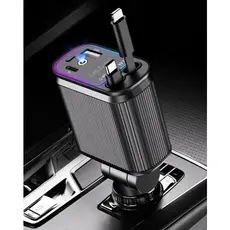 Carregador de carro retrátil, carregador rápido de para carro 4 em 1 para iPhone e Samsung com LED
