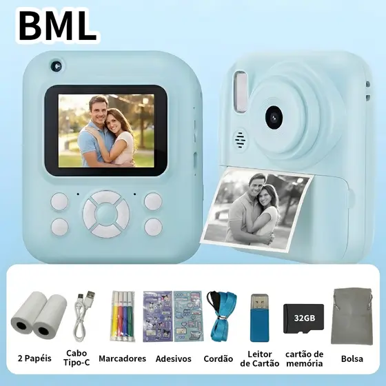 BML Câmera De Impressão Instantânea Infantil Vídeo Fotografia Digital HD Impressora Térmica com Cartão de 32GB-2.4“Tela