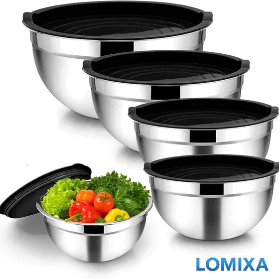 Conjunto 5 Tigelas de Aço Inox com Tampas Herméticas para Salada e Cozinha