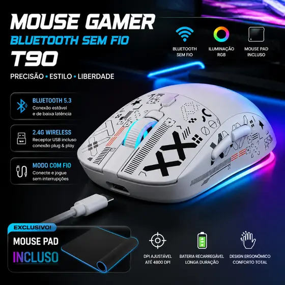 Mouse Gamer Sem Fio RGB T90 Bluetooth 5.3 + 2.4GHz Recarregável Com Mousepad Incluso PC Notebook