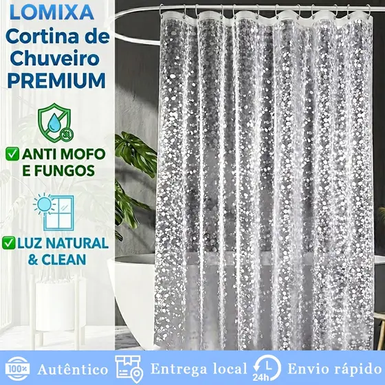 Cortina de Chuveiro 3D Translúcida com Ilhós Anti Mofo Resistente PVC Premium