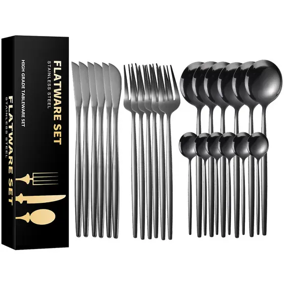 Kit 24 Peças Jogo de Talheres em Aço Inoxidável Cor Preta para Mesa