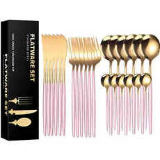 Conjunto de Talheres Rosa Dourados 24 Peças em Aço Inoxidável para Refeições