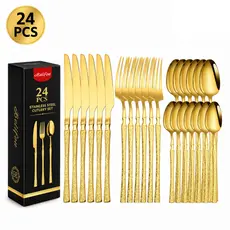 Faqueiro 24 Peças Dourado Aço Inox 416 Jogo de Talheres Luxo Garfo Faca Colher Mesa Posta