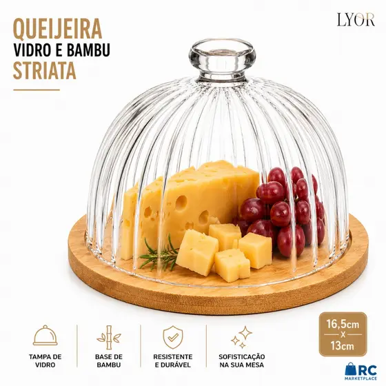 Queijeira de VIDRO e Base de Bambu Striata 16,5cm x 13 Vidro - Lyor