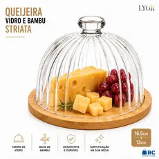 Queijeira de VIDRO e Base de Bambu Striata 16,5cm x 13 Vidro - Lyor