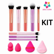 ANA1108 8 Pincéis de maquiagem 2 Esponjas + 2 esponja de Pó diamante