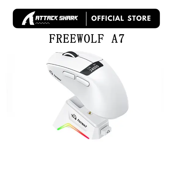 FREEWOLF A7 Mouse De Jogo Sem Fio Leve Tri-Modo Com Tela RGB Base De Carregamento Magnético Pata3311 24000DPI Para/Escri