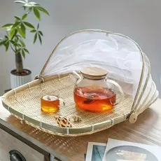 Cesto Porta Pães Bolo Frutas Piquenique Bambu Cobertura Tela Retrátil Retângular