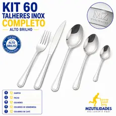 Kit 60 Talheres Inox Completo Alto Brilho Garfo Faca Colher Faqueiro Aço Inoxidável