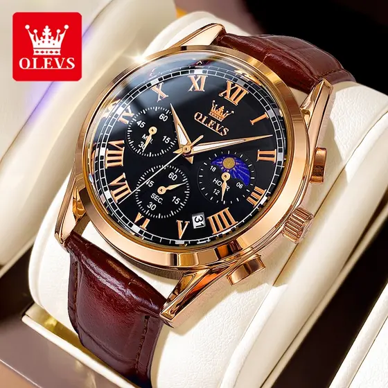 OLEVS Relógio Masculino 2871 Relogio A Prova D'água Luxo Orient Leather Multifuncional Calendário