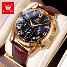 OLEVS Relógio Masculino 2871 Relogio A Prova D'água Luxo Orient Leather Multifuncional Calendário