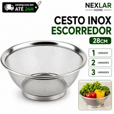 Cesto Inox Escorredor 28CM 1/2/3 Cesta Para Lavar Alimentos Arroz Legumes Frutas Massas Resistente Multiuso