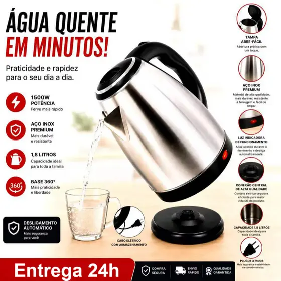 Chaleira Elétrica Inox 1.8L 110V ou 220V Jarra ILINK Desligamento Automático Sem fio