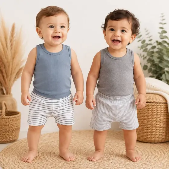 Kit 4 Peças DAVI Conjunto Menino Minimalista Verão Regata Bermuda Infantil Bebê Algodão Canelado DAVI