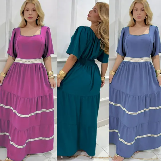 Vestido Feminino Longo com Renda 3 Marias Forrado Luxo Elegante Casual Evangelico