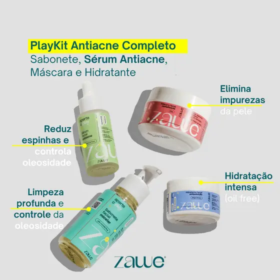 Kit Antiacne Completo Skincare Pele Mista e Oleosa Espinhas com Sabonete Serum Mascara Hidratante