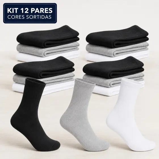 Kit Meias Cano Médio com Algodão Masculina Feminina Unissex 3/6/12 Pares Adulto