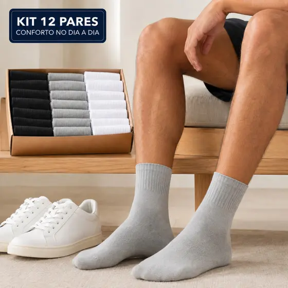 Kit Meias Masculinas Cano Médio com Algodão 3/6/12 Pares Adulto Confortável Trabalho e Academia