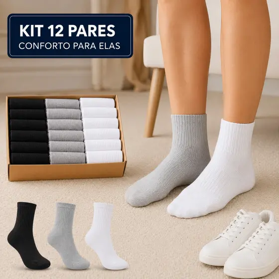 Kit Meia Feminina Cano Médio com Algodão 3 / 6 ou 12 Pares Adulto Confortável 35 ao 46