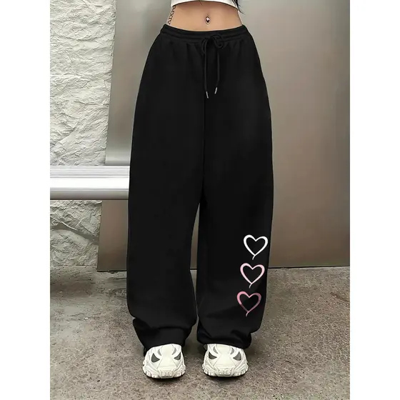 Calça feminina pantalona - Femininas Estampa de Coração, Calças de Perna Reta com Cós Elástico e Cordão, Calças de Perna