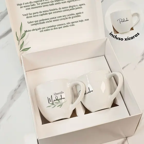 Caixa com Xícara de porcelana para padrinhos de casamento personalizada